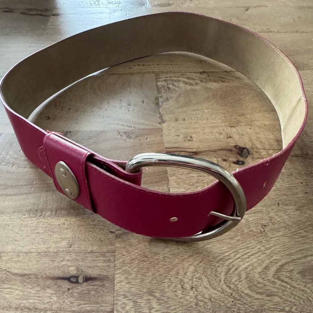 Vintage Pink Leather large Belt with oversized Silver Buckle